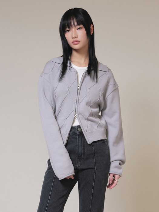 Zip Up Knit Cardigan in Grey VK4SD072-12