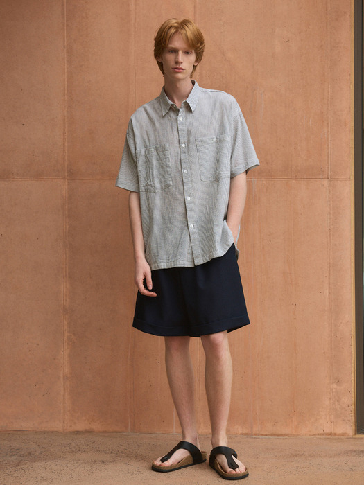 Stripe Unbalanced Cotton Half Shirt 3color