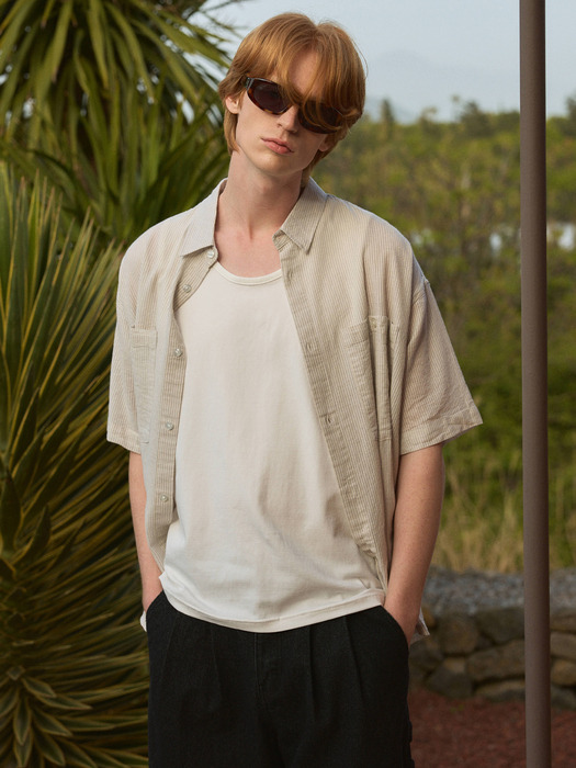 Stripe Unbalanced Cotton Half Shirt 3color