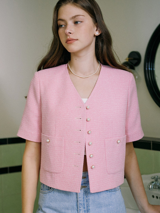 V-neck Tweed Half Sleeve Jacket - Pink