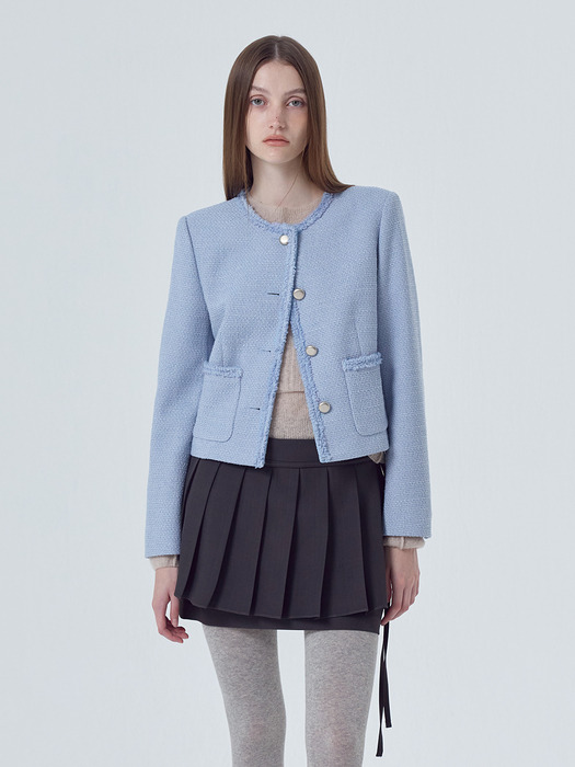 Boucle Trimmed Tweed Jacket, Sky blue