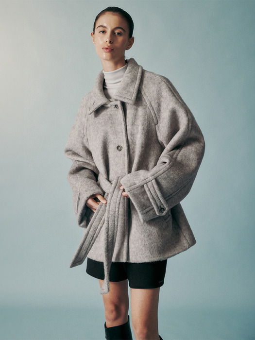 WOOL BLENDED BELTED HALF COAT GRAY