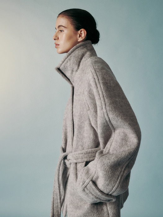 WOOL BLENDED BELTED HALF COAT GRAY