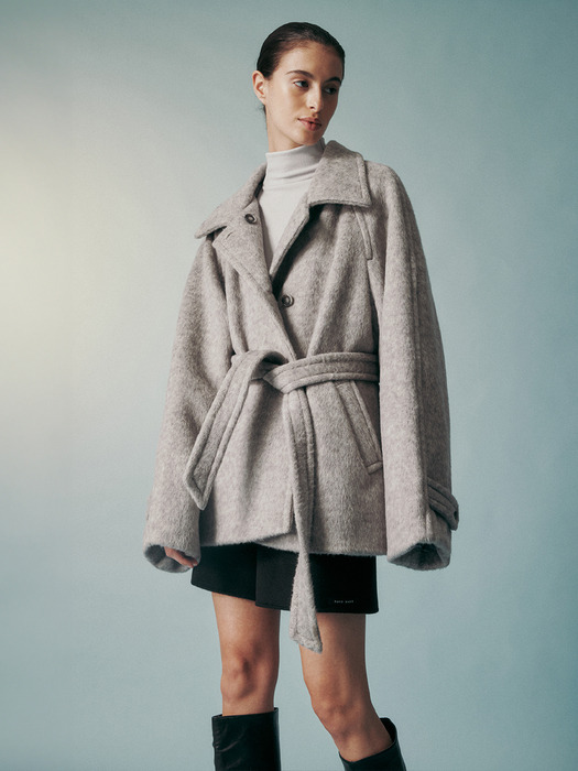 WOOL BLENDED BELTED HALF COAT GRAY