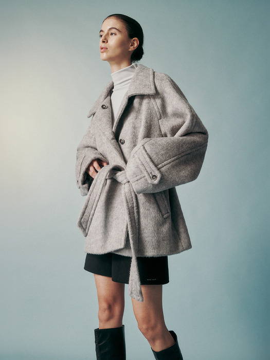 WOOL BLENDED BELTED HALF COAT GRAY