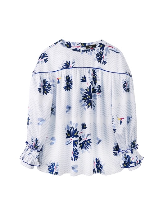 PLEATS CUFFS PIPING LINE FLOWER BLOUSE_WHITE