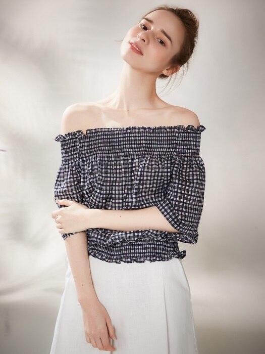 Plaid Band Off Shoulder Blouse