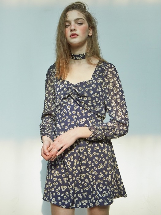 Chiffon Sleeve Square Neck Dress_ Navy