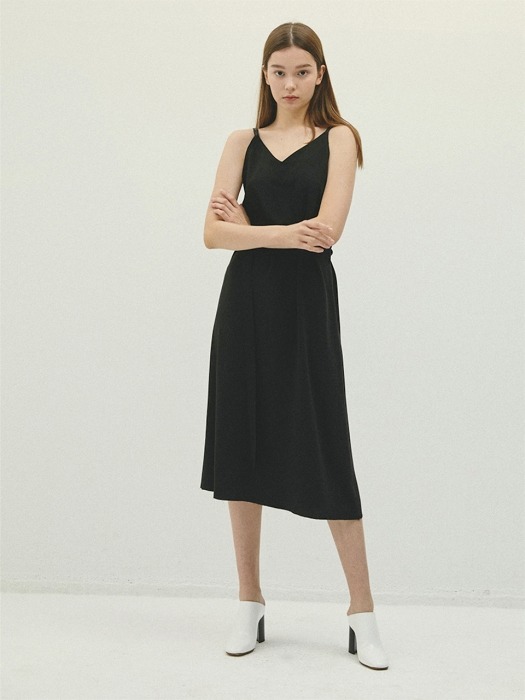 BLACK leather string V-neck dress(IT057)