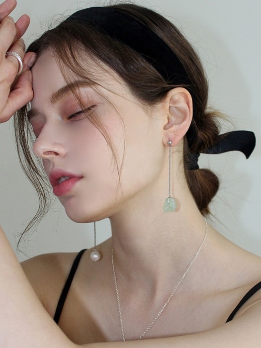 Slim chain stone earring, Emerald [2way]