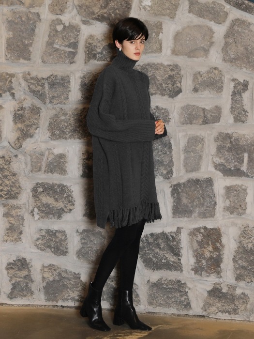 Scarf cable turtleneck dress_Gray