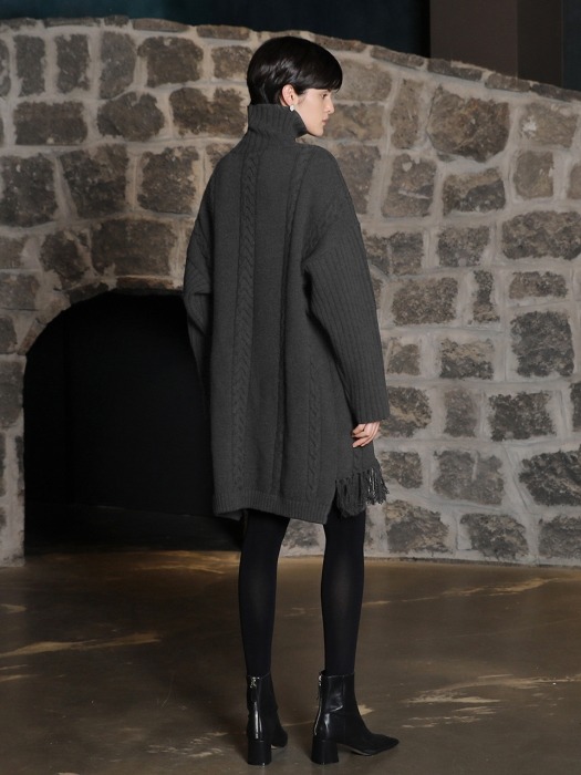 Scarf cable turtleneck dress_Gray