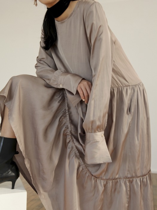 raw edge tiered silky long dress in taupe