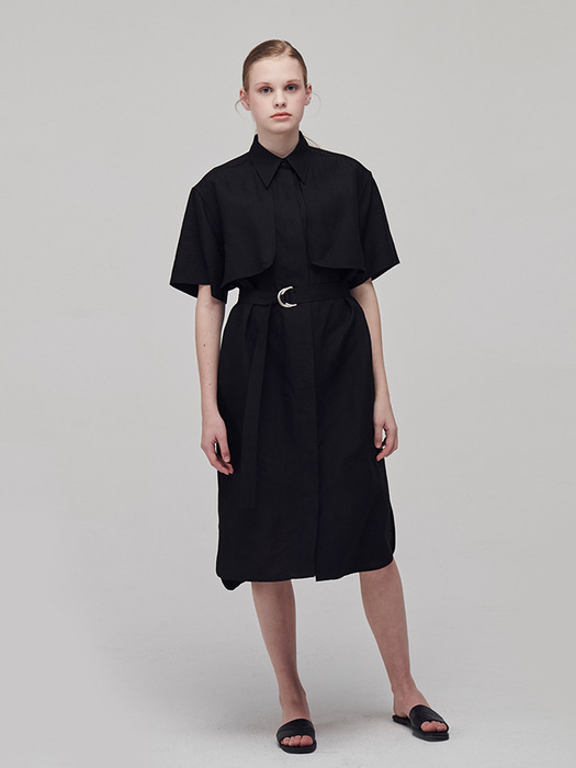 Linen gun patch shirt dress_Black