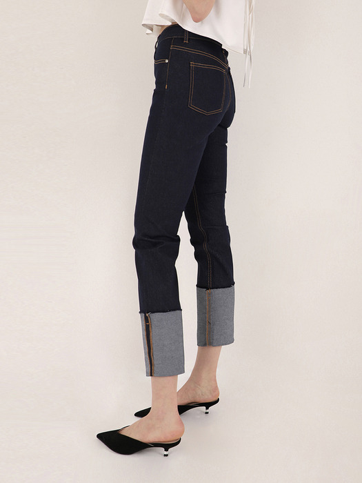Button Fly Roll-up Jeans (Navy)