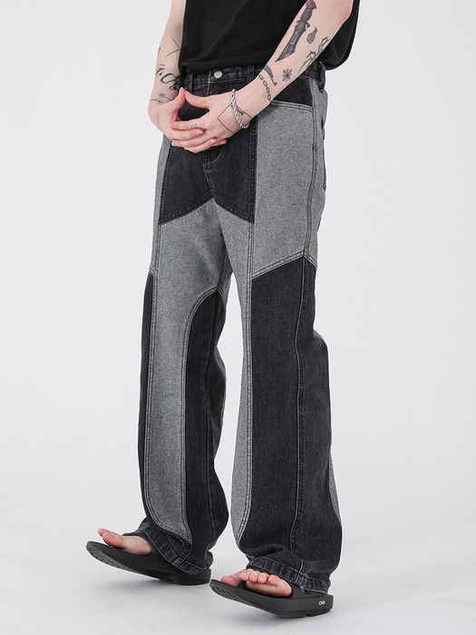 INSIDE OUT CONTRASTING PANEL DENIM PANTS [BLACK]