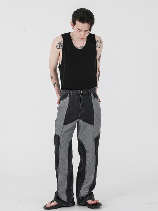 INSIDE OUT CONTRASTING PANEL DENIM PANTS [BLACK]