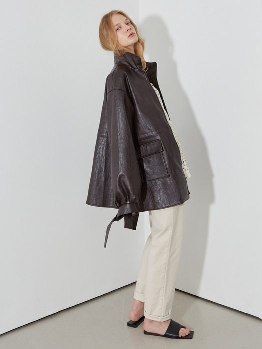 Vegan Leather String Long Jacket_BK