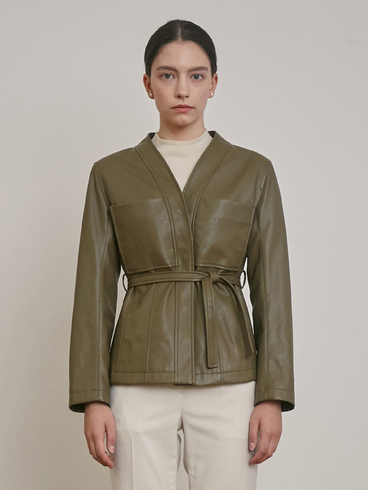 FAUX LEATHER COLLARLESS BELT JACKET [BLACK] [KHAKI] [BEIGE]