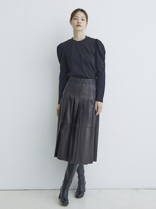 [N]HANNAM Pleated leather skirt (Black)