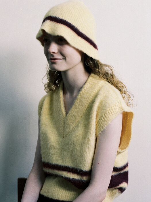 Mohair Blend Stripe Knit Hat / Lemon