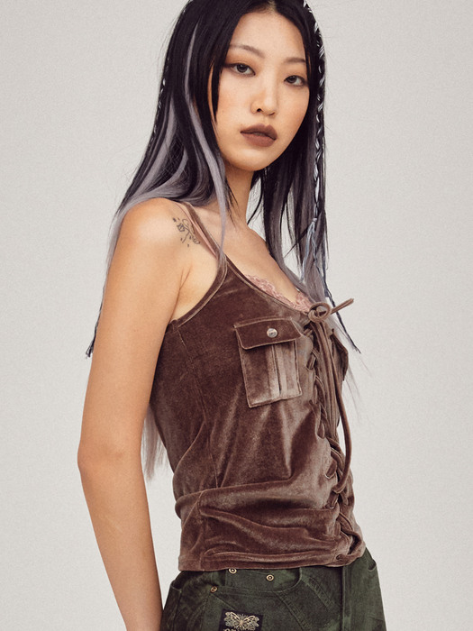 VELOUR EYELET SLEEVELESS [BROWN]