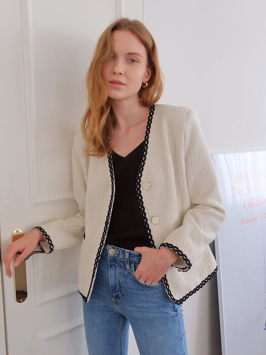 No-Collor Lace Tweed Jacket_Cream