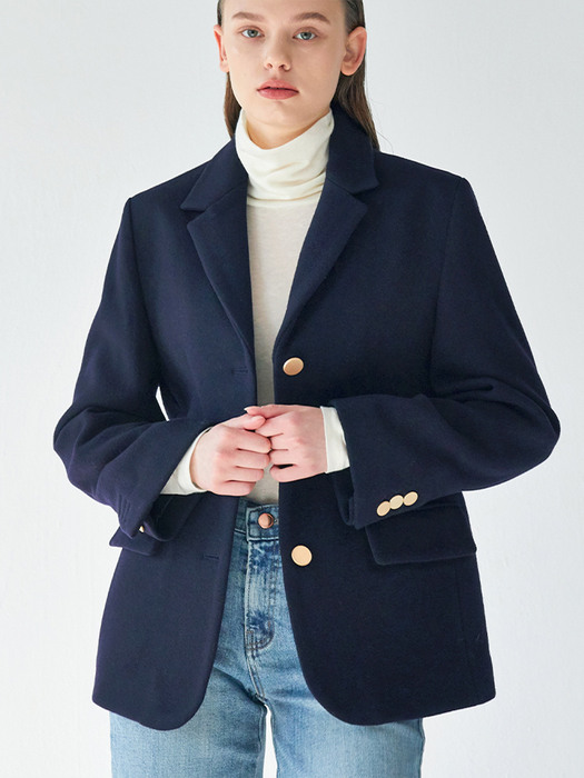 Wool Blended Single Jacket - Navy
