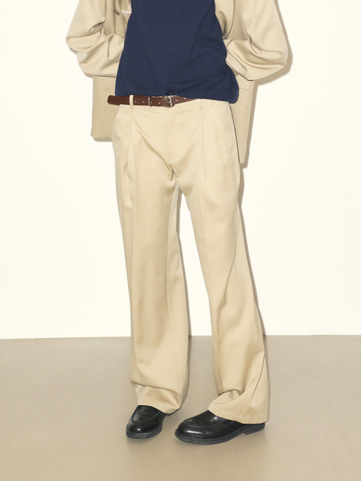 ONE-TUCK CINCH BACK WOOL PANTS BEIGE