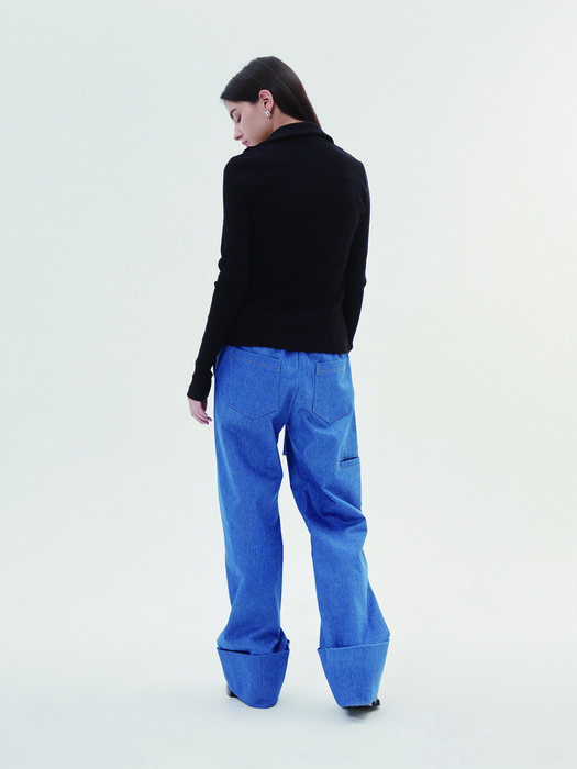 Turn-up denim banding workpants - mid blue