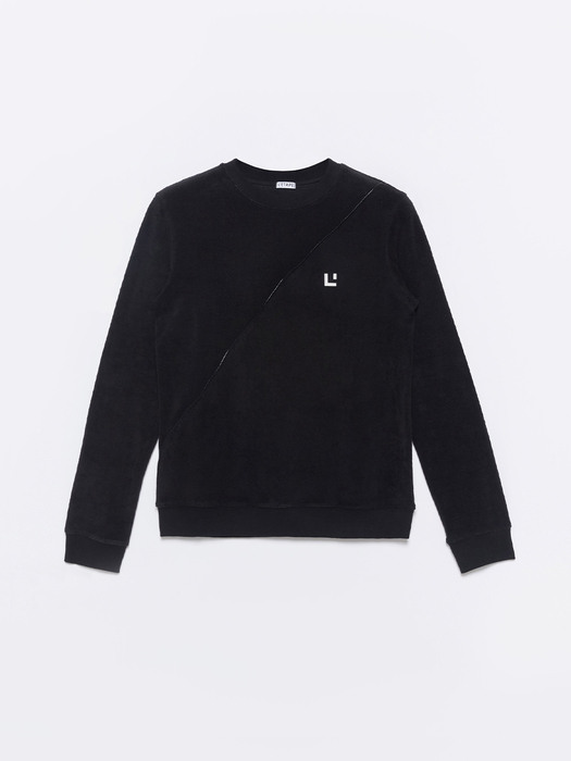 Diagonal Terry Crew Neck Pullover - Black