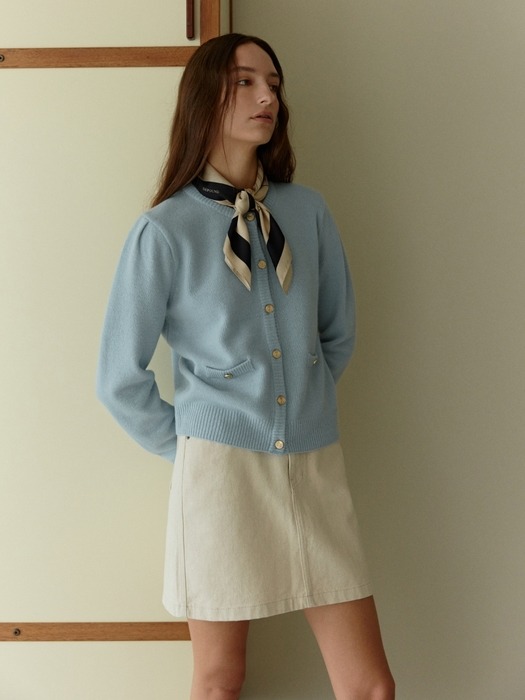 gold button puff cardigan - skyblue