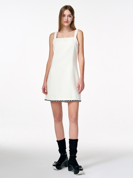 Trimmed Tweed Mini Dress, Ivory