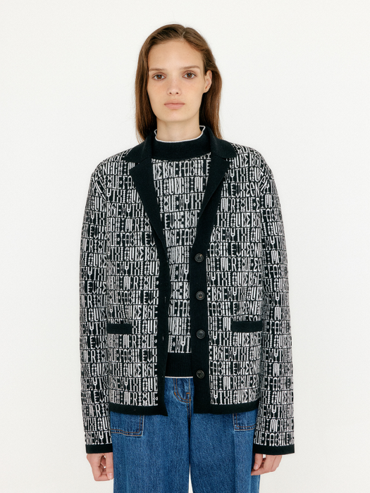 VIBBY Jacquard Pattern High Neck Cardigan - Black/Ivory Multi