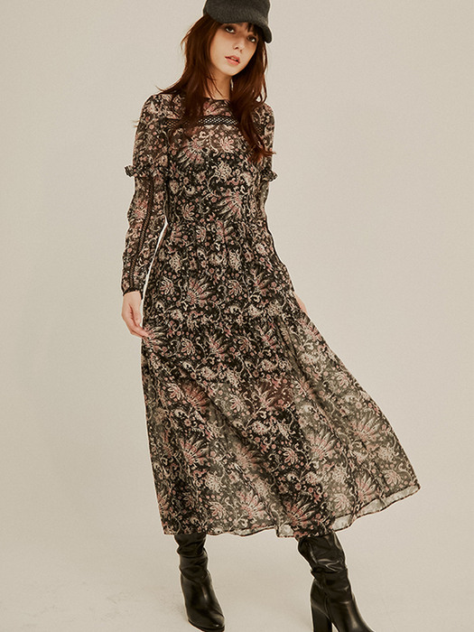 Bohemian Lace Trim Chiffon Dress_Black