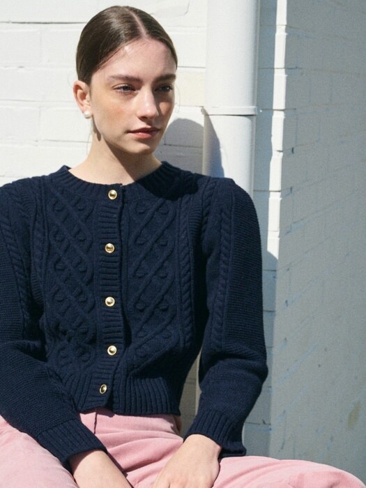 WOOL CABLE ROUND KNIT CARDIGAN_DARK NAVY