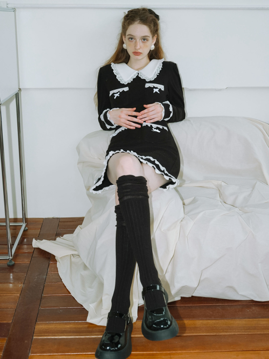 Cest_Winter white lace doll collar dress_BLACK