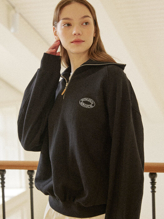 Logo Rib Block Half Zip-up Sweatshirt - Black