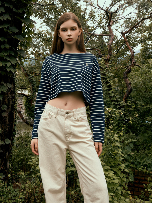 BOAT NECKLINE STRIPE CROP T-SHIRT_NAVY