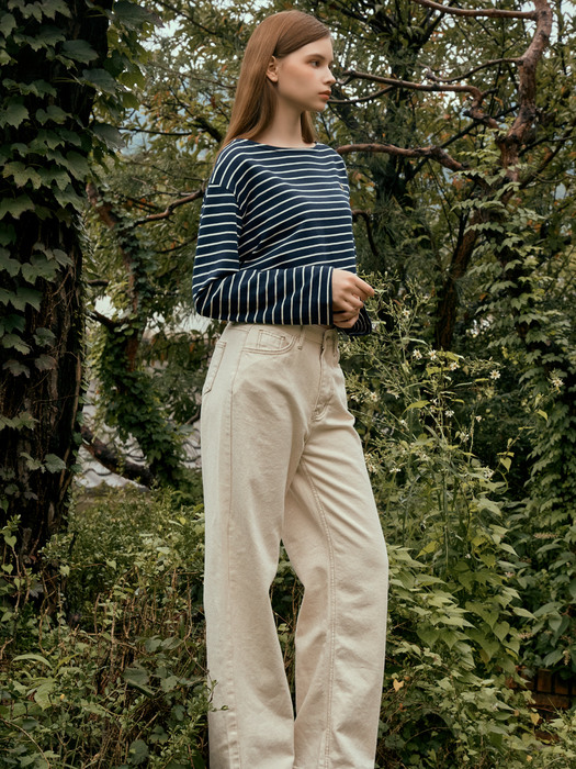 BOAT NECKLINE STRIPE CROP T-SHIRT_NAVY