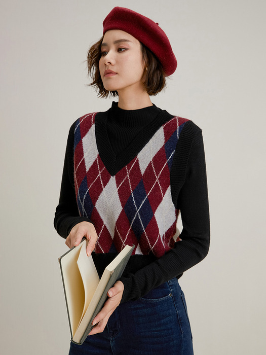 LS_Wine rhombus knit vest