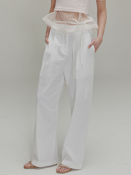 Ribbon cotton two-tuck wide pants_White