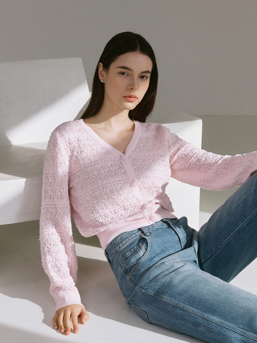 Crochet v-neck cardigan - Light pink