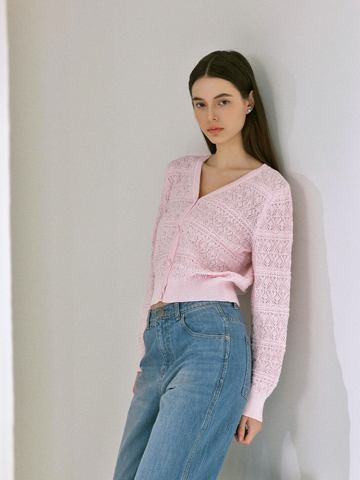 Crochet v-neck cardigan - Light pink