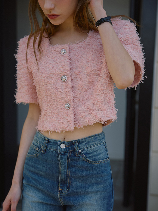 Square Neck Tweed Jacket [Pink]