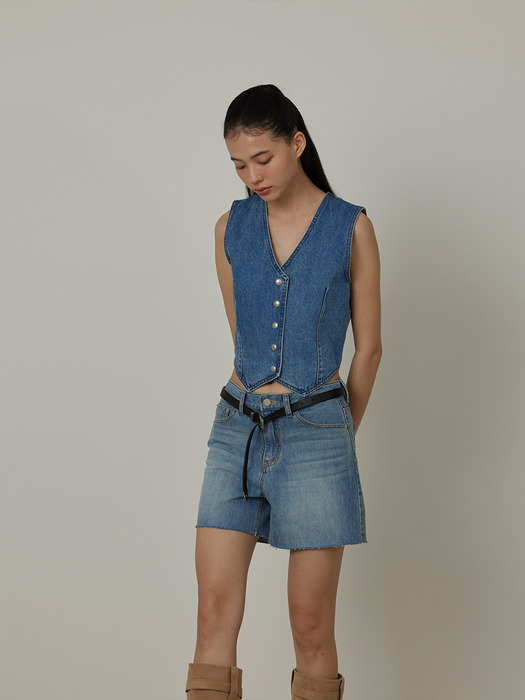 Vintage washing Cutting Shorts Denim Pants_BLUE