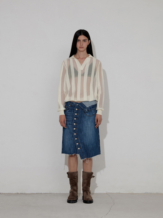 STRIPE OPEN COLLAR KNIT [IVORY]