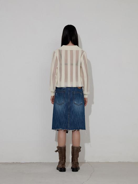 STRIPE OPEN COLLAR KNIT [IVORY]