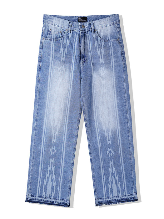 navajo pattern cut off denim pants light blue