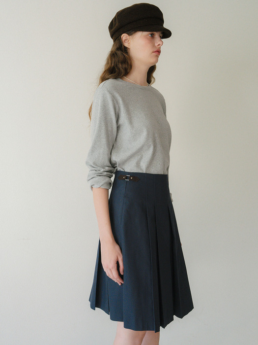 U Pleats Leather Detail Skirt_2colors